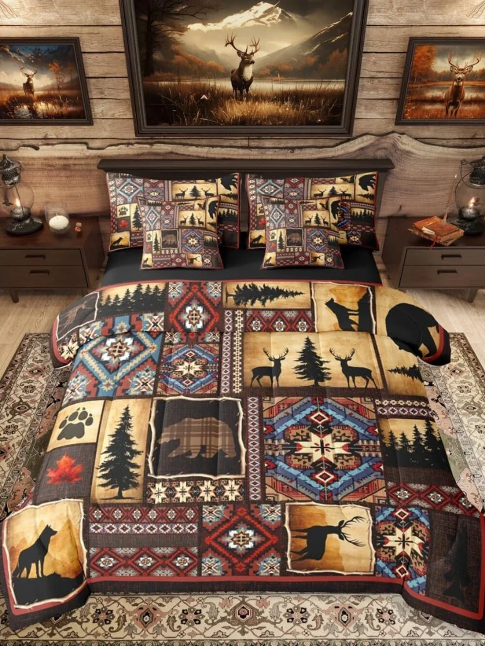 7 Piece Rustic Cabin Plaid Comforter Set Queen,Rustic Farmhouse Aztec Bedding Se